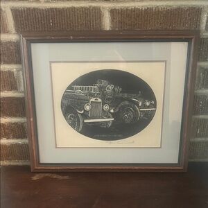 Vintage Framed Jack Daniel Distillery Fire Engine Woodcut Print Signed Dan Quest